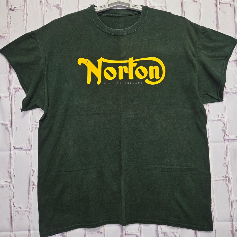 Vintage Norton Motorcycles T-Shirt Green Yellow Logo Biker Graphic Tee Mens XL